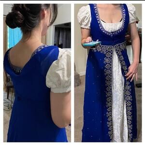 Regency blue silk pelisse over dress